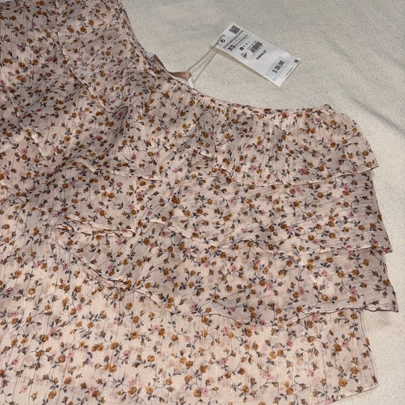 ZARA TRAFALUC COLLECTION Crop Top One Shoulder/Sleeve Pink Floral Ruffle SzXS - Picture 3 of 8